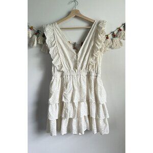 Love The Label Anthropologie Ruffle Tiered Eyelet Mini Dress Coquette Milkmaid L